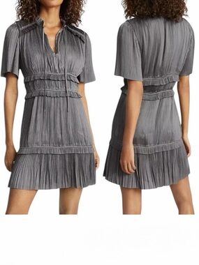 REISS Lydia Pleated Tiered Mini Dress Ruffle Steel Grey Women's Size Small
